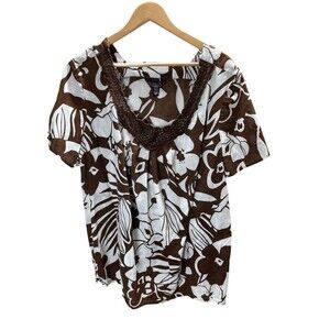 Deluxe LA Blues Top Women's Size 22 / 24 Brown White Floral